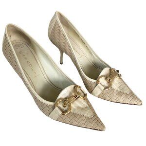 Casadei Beige Woven Leather Gold Horse Bit Heels